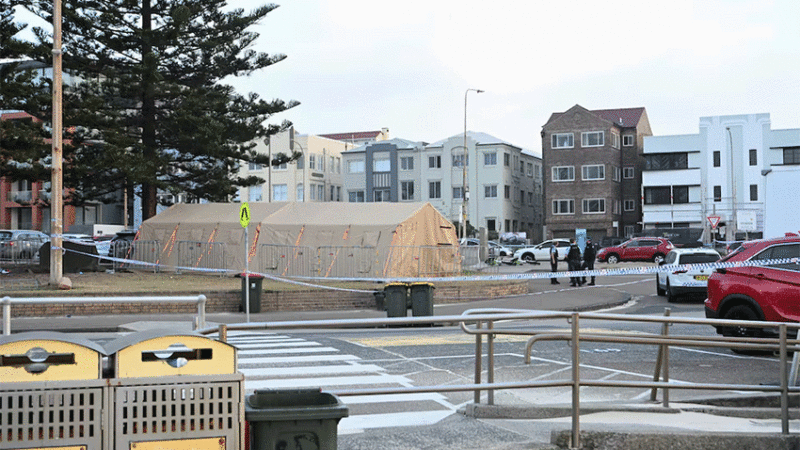 Police officers stand guard following the attack on a Jewish holiday celebration at Sydney's Bondi Beach, in Sydney, Australia, December 15, 2025. REUTERS/Flavio Brancaleone